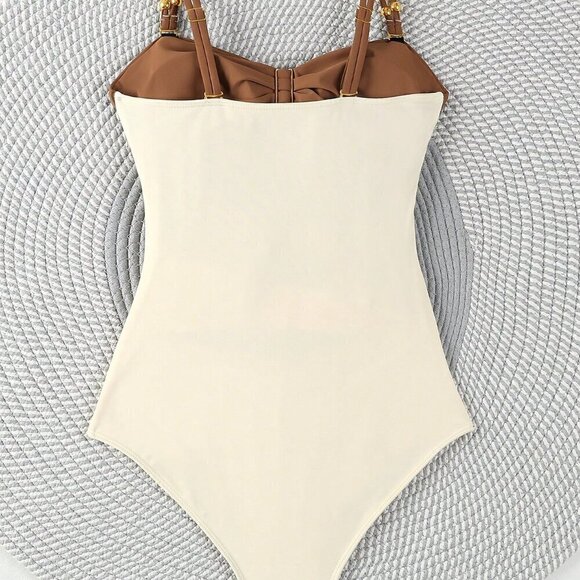 Brown Sexy Women's Colorblock Cut-Out Spaghetti Strap One-Piece Swimsuit - Picture 4 of 6